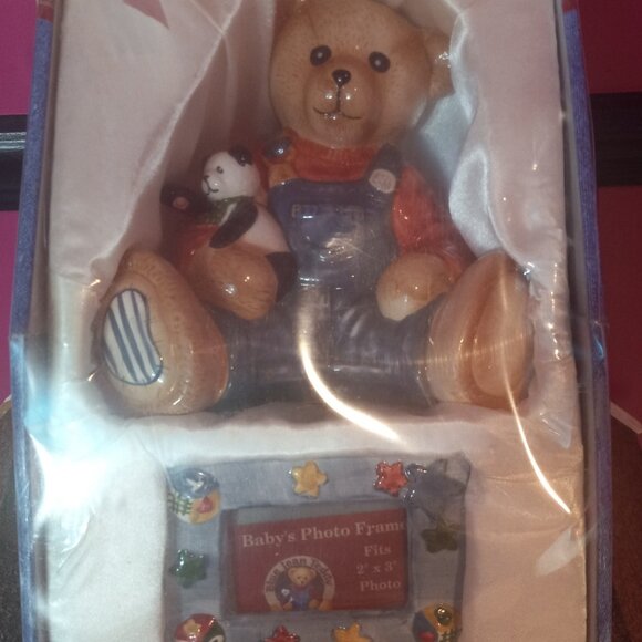 Blue Jean Teddy Bear Baby Boy Ceramic Coin Piggy Bank & Picture Frame Set - Picture 2 of 13